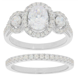 2 PC Set Sterling Silver Semi Mount Ring Setting Oval OV 8x6mm RD 3x3mm 3 stones Halo Bridal Ring - Syzjewelry