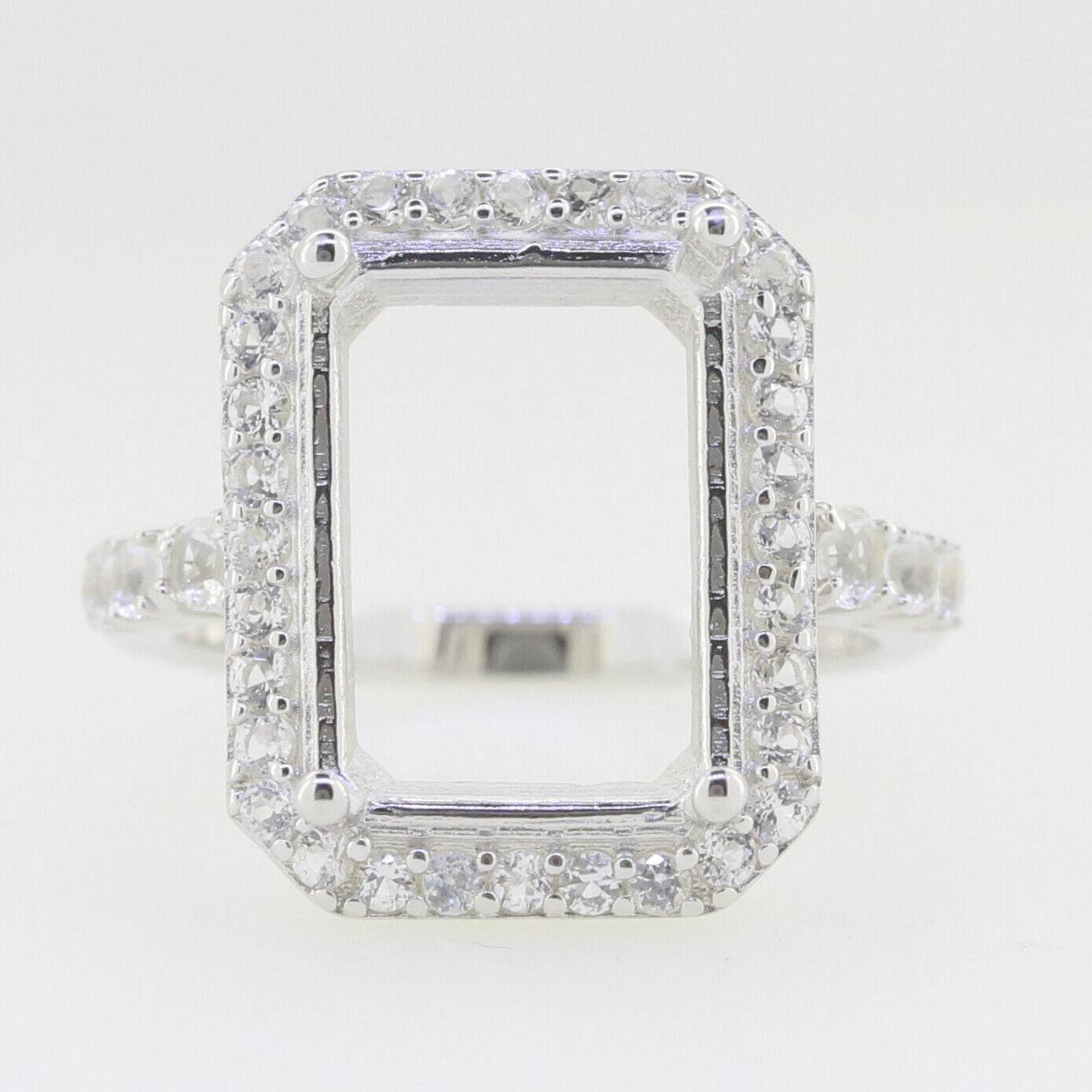 Sterling Silver Semi Mount Ring Setting Emerald OCT 14x10mm Halo White Topaz - Syzjewelry