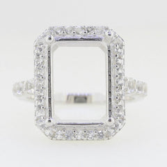 Sterling Silver Semi Mount Ring Setting Emerald OCT 14x10mm Halo White Topaz - Syzjewelry