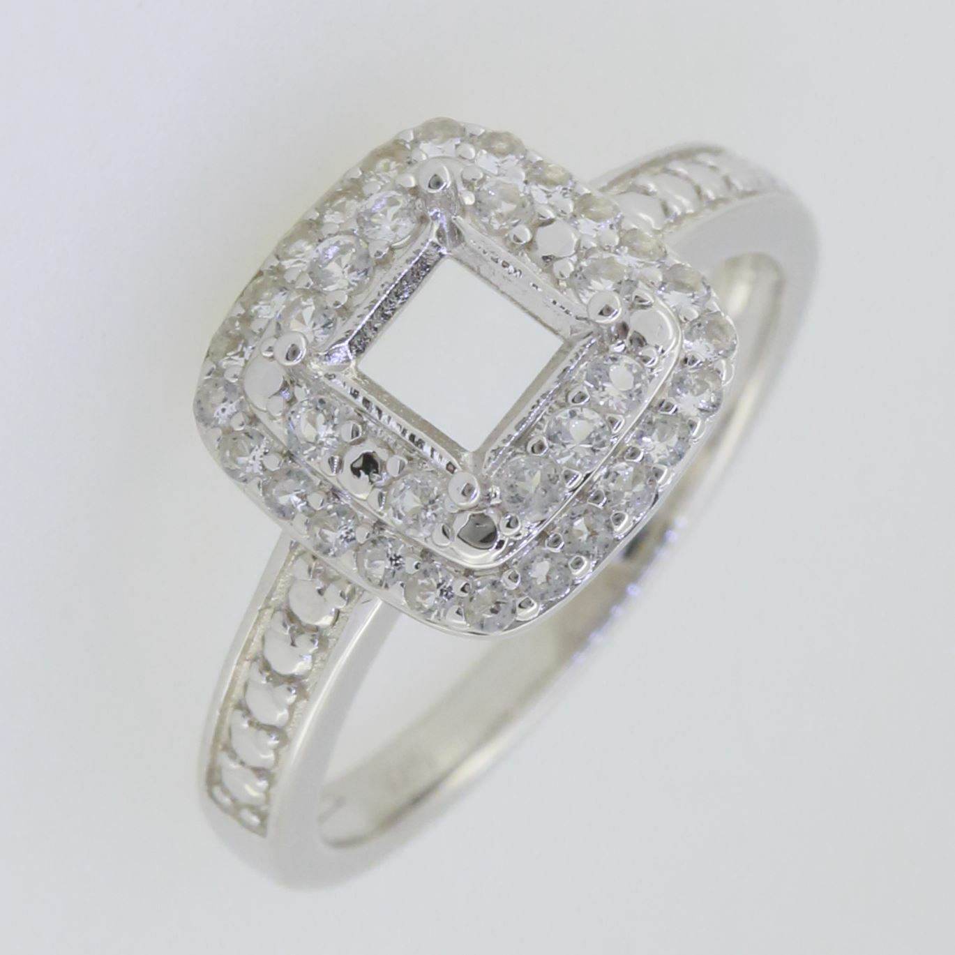 Sterling Silver Semi Mount Ring Setting Princess SQ 7x7mm Double Halo w/ White Topaz - Syzjewelry