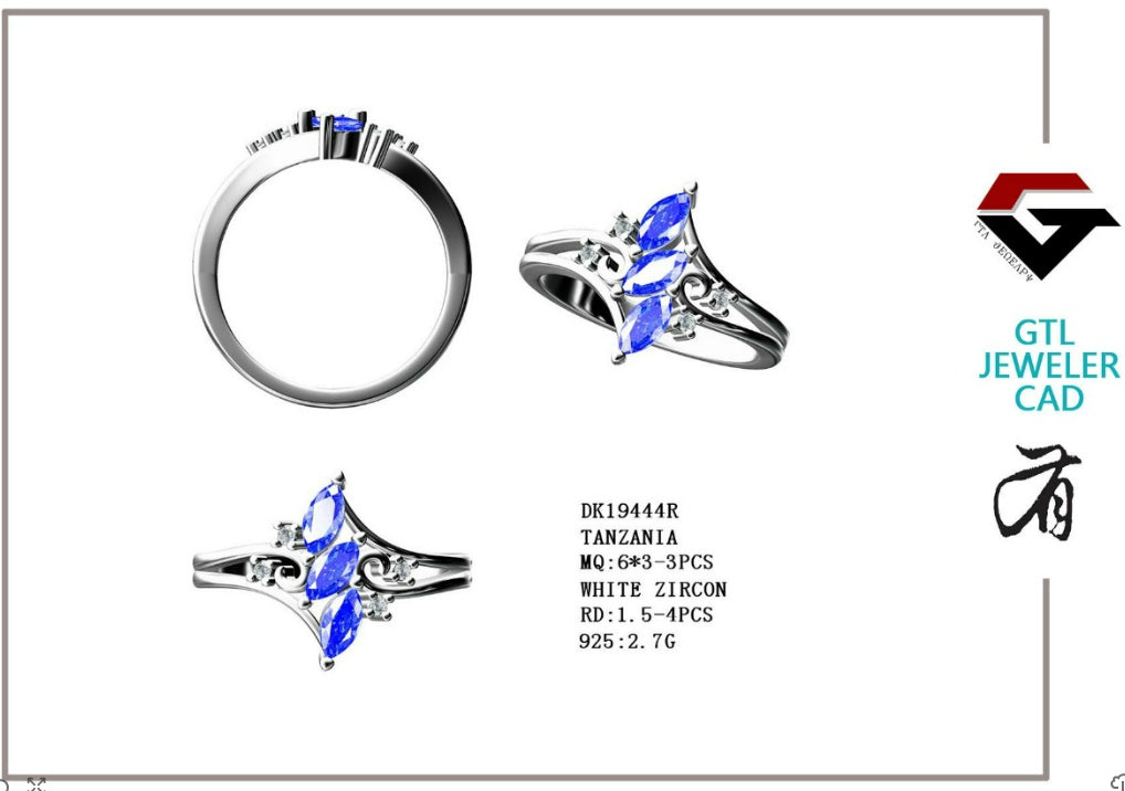 Halbmontierte Ringfassung aus Sterlingsilber, Marquise, MQ, 6 x 3 mm